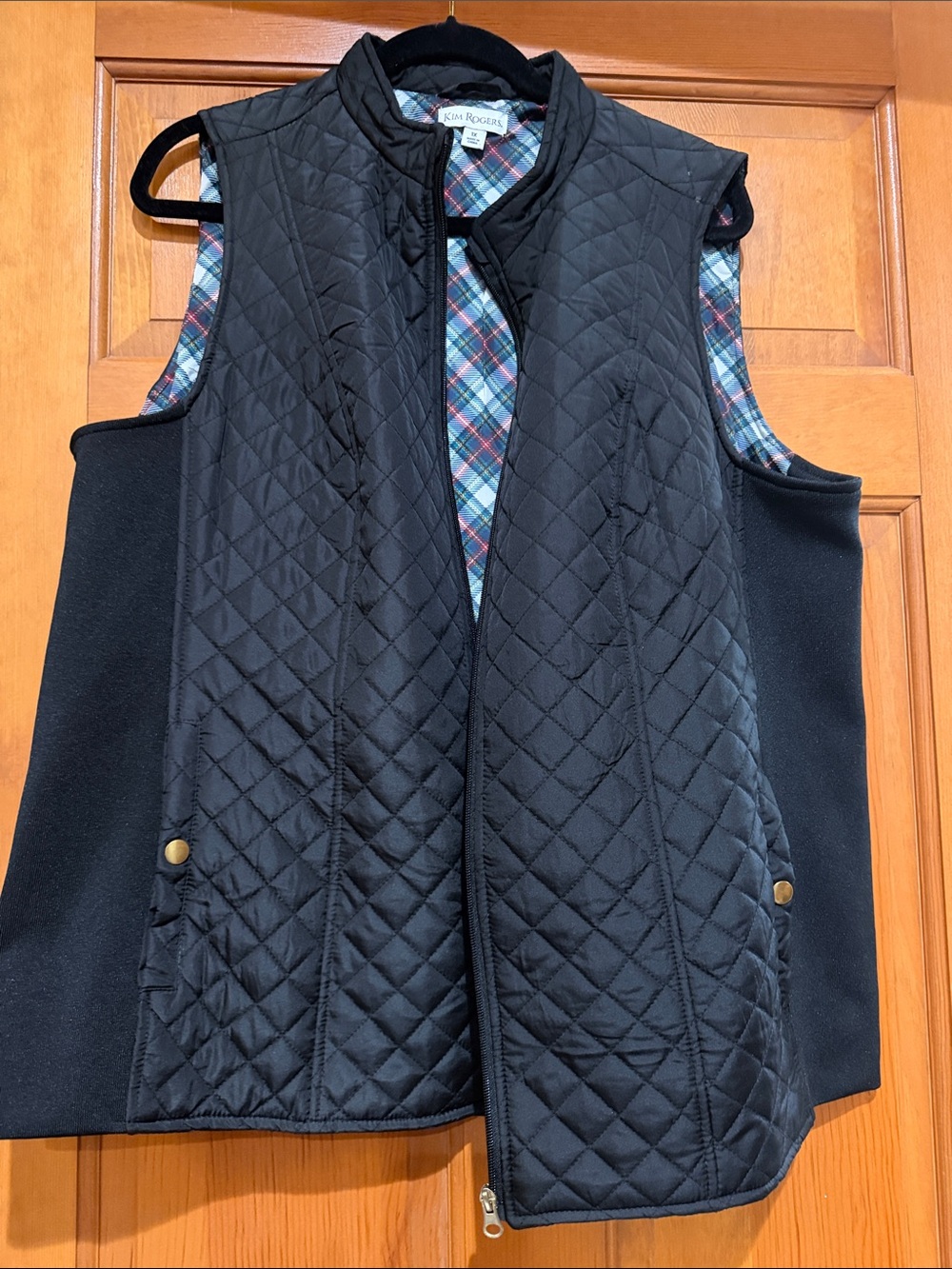 Kim Rogers Black Quilted Vest with Plaid Lining